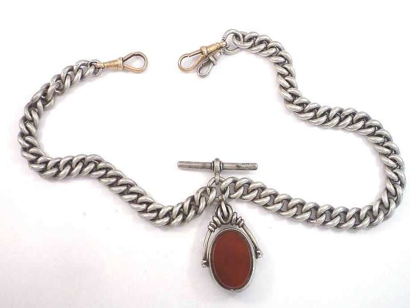 (16.1) SILVER AND 9CT CLASP, CORNELIAN SET FOB AND ALBERT CHAIN